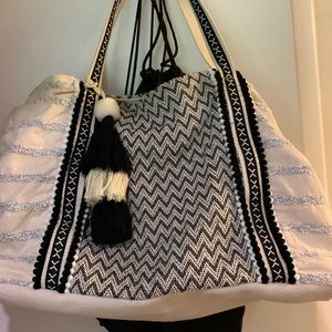Chevron print  Striped Pompom Tassel Boho Beach Tote Bag